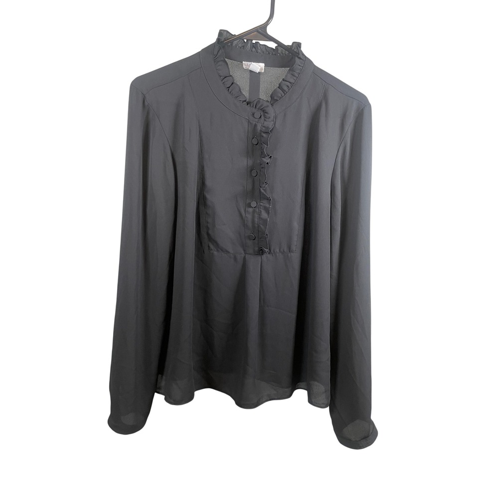 J.Crew‎ Blouse Women's 12 Black Ruffle Trim Mock Neck Long Sleeve Chiffon Goth